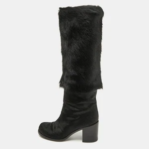 Chanel Negro Pelo de pantorrilla Bloque Tacón Hasta la pantorrilla Botas Talla 37 - Imagen 1 de 9