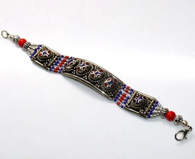 41 克 Lapis Lazuli 红色珊瑚尼泊尔部落手链 7.5 英寸民族礼物 JW — 第 1/3 张图片