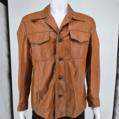 Chaqueta de cuero vintage años 70 Richman Brother marrón coñac cuello muesca (M) Foto 1 de 4