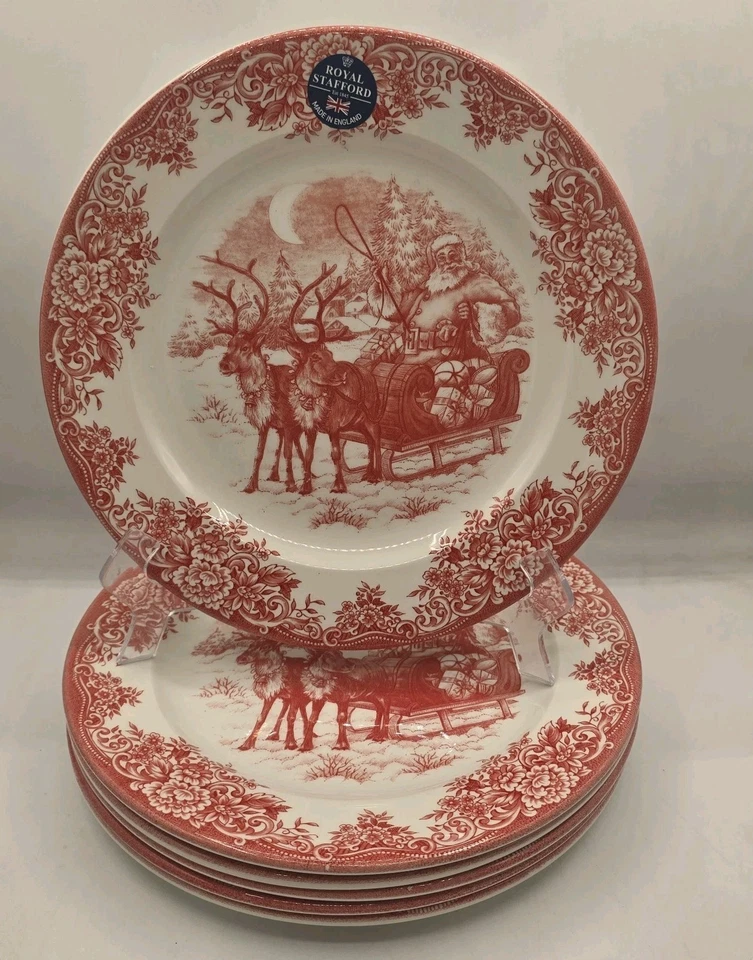 Набор из 6 красных обеденных тарелок Royal Stafford Santa's Sleigh рождественский туалет - Изображение 1 из 4