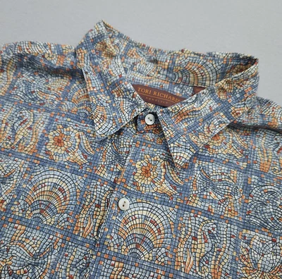 Рубашка мужская Tori Richard 2XB большая 2XL синяя пляжная с рыбками мозаика на пуговицах гавайская - Изображение 1 из 4