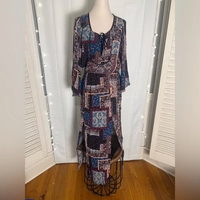 American Eagle Boho Patchwork Maxi Dress Blue Burgundy Tie Front Size Large - Image 1 of 4