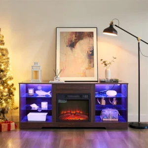 TV Stand Electric Fireplace Glass Shelves, 3D Fireplace TV Stand with LED Lights - Picture 1 of 24