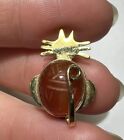 Vintage Wre 14K Gold Filled Kitty Cat Carved Carnelian Scarab Cab Pin Brooch