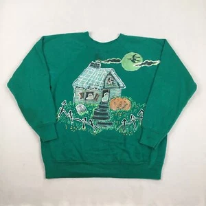 Vintage Halloween Sweatshirt Sz Large Green Crewneck Pumpkin Ghost Handmade 90s - Picture 1 of 14