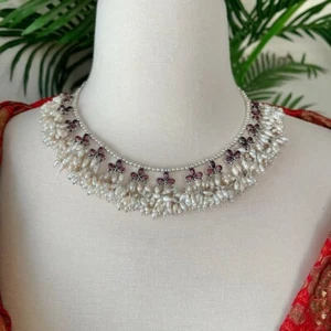 92.5 silver ruby red stones, real fresh water pearl necklace kundan necklace. - Picture 1 of 4