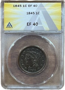 1845 1C Braided Hair Large Cent ANACS EF40 Key PROBLEM FREE Early U.S. Copper - Picture 1 of 4