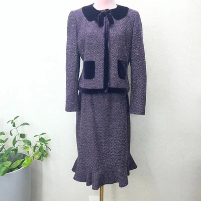 Albert Nipon Pockets Purple Tweed And Velvet 2pc Skirt Suit Set Womens Size 6P - Image 1 of 4