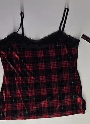 NUEVO CON ETIQUETAS Y2K Blusa Babydoll de Terciopelo a Cuadros Roja XL Juniors Encaje Vacaciones Foto 1 de 4