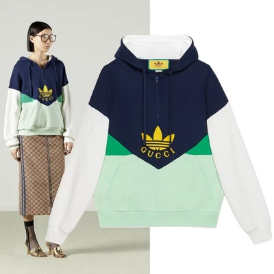 GUCCI SWEATSHIRT ADIDAS X COLORBLOCK COTTON HOODIE w TREFOIL $1700 sz XS - Image 1 of 4