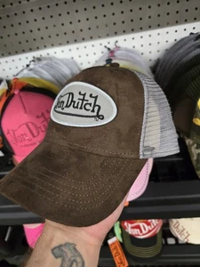 Von Dutch Hat Cap Snap Back Brown Gray Mesh Trucker Patch Mens Suede Logo - Picture 1 of 3