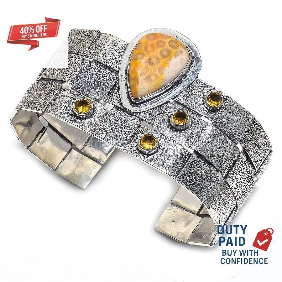 Oferta Cyber Monday Brazalete Citrino Coral Fósil Natural Plata de Ley 925 Joyería Foto 1 de 4