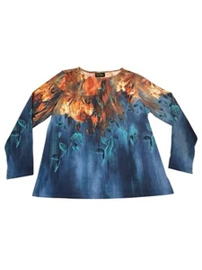 Bob Mackie Wearable Art Women's Top Abstract Fall Leaves Flower Brown & Blue EUC - Picture 1 of 6