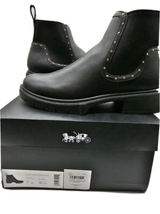 Coach NEW Lory Leather Bootie Womens Size 7 Black Studded Ankle Boots - Picture 1 of 14