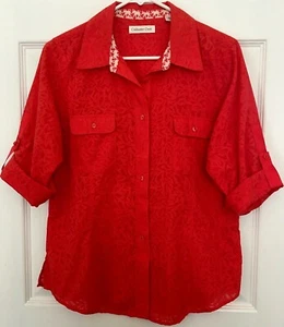 COLDWATER CREEK Women's M Blouse Shirt Semi Sheer Roll Tab Sleeve Slits Pockets - Picture 1 of 11