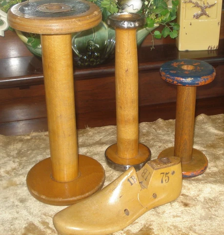 SHOE LAST & 3 Vtg Industrial Wood Textile Mill Bobbins Spindles - Candle Holders Cover