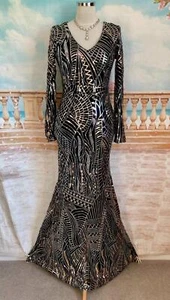 Dress 12 M Black Gold Silver Sequin Ballgown Fishtail Prom Evening Gatsby Maxi - Picture 1 of 9