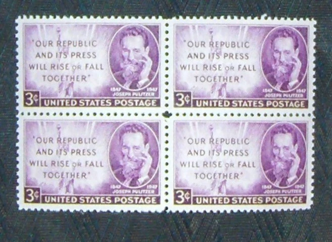 US 3¢ stamp SC #946 J. Pulitzer, Our Republic & It's Press 1947 block of 4 - Image 1 of 1