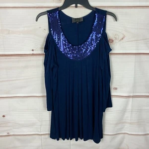 Slinky Brand Top Womens L Blue Cold Shoulder Tunic Blouse Sequins Scoop Neck - Picture 1 of 8