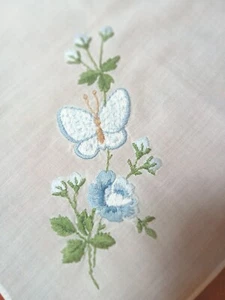Vintage Handkerchief Butterfly and Roses Embroidered Linen 10 in. Ladies Hankie - Picture 1 of 8