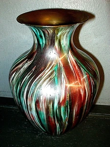 MCM ENAMEL OVER BRASS ABSTRACT OVOID VASE - MULTI-COLOR VERTICAL STRIPES 7" TALL - Picture 1 of 5