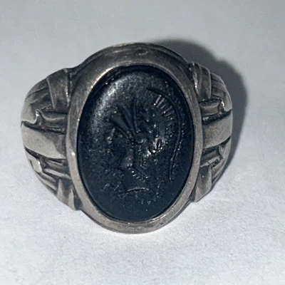 Vintage Sterling Carve Hematite Intaglio Roman Soldier Men Ring Size 8 - Image 1 of 4
