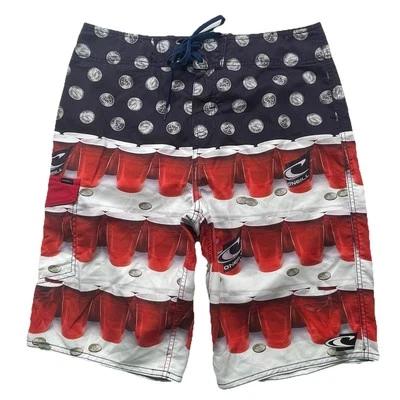 Oneill Board Shorts Hombres Talla 31x11 Rojo Blanco Azul Cuartos Abatible Copa Deletrear Foto 1 de 4