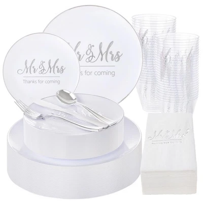 Juego de 175 platos y servilletas de plástico para boda de plata Mr and Mrs, ducha nupcial pl... Foto 1 de 4