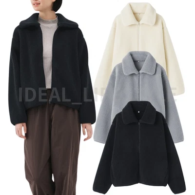 MUJI Boa Fleece Jacket with Collar S M L XL Ivory Light Blue Dark Navy Women NWT - Image 1 of 4