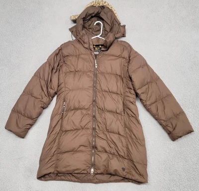 Jaqueta feminina Mountain Hard Wear XL marrom longa com capuz Parka isolada - Imagem 1 de 4