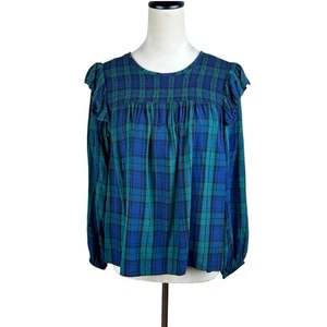 Vineyard Vines Medium Green Blue Plaid Smocked Yoke Ruffled Long Sleeve Top - Picture 1 of 11