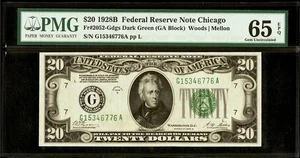 1928 B $20 Dollar Federal Reserve Chicago PMG 65 EPQ Fr.2052-G Serial G15346776A - Picture 1 of 2