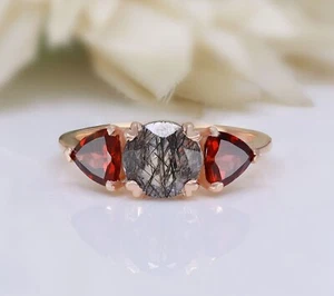 Round Black Rutile Silver 14K Rose Gold Plated Wedding Engagement Halo Ring - Picture 1 of 7
