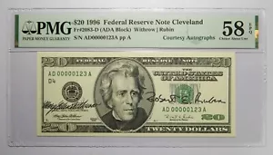 Dual Courtesy Autographed 1996 $20 PMG 58 EPQ Low Serial #00000123 Short Ladder - Picture 1 of 2