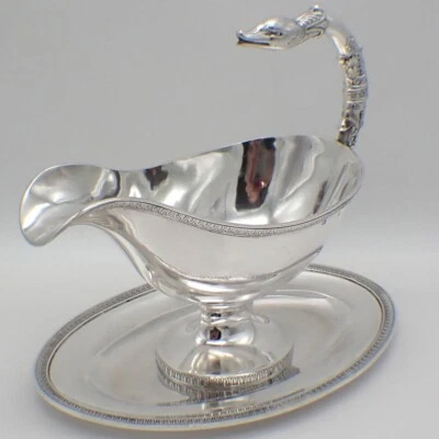 Juego de barco Gravy y debajo de la placa mango cabeza de pájaro plata de ley francesa Foto 1 de 4