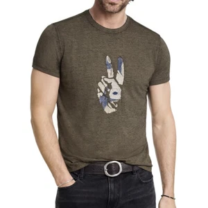 John Varvatos Men's Peace Sign Embroidery Burnout Fabric Crew T-Shirt Olive S - Picture 1 of 6