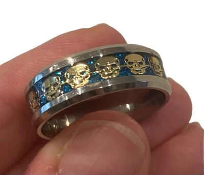 Anillo calavera plástico azul y dorado para hombre talla 11,75 Foto 1 de 3