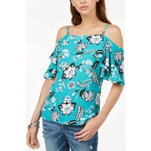INC INTERNATIONAL CONCEPTS Teal Blue White Floral Cold Shoulder Tank Top Size XL - Picture 1 of 5