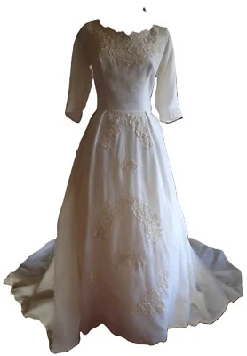 VTG 50s Ivory Organza  Ballgown Wedding Dress Cathedral Train Elbow Sleeve M - Image 1 of 4