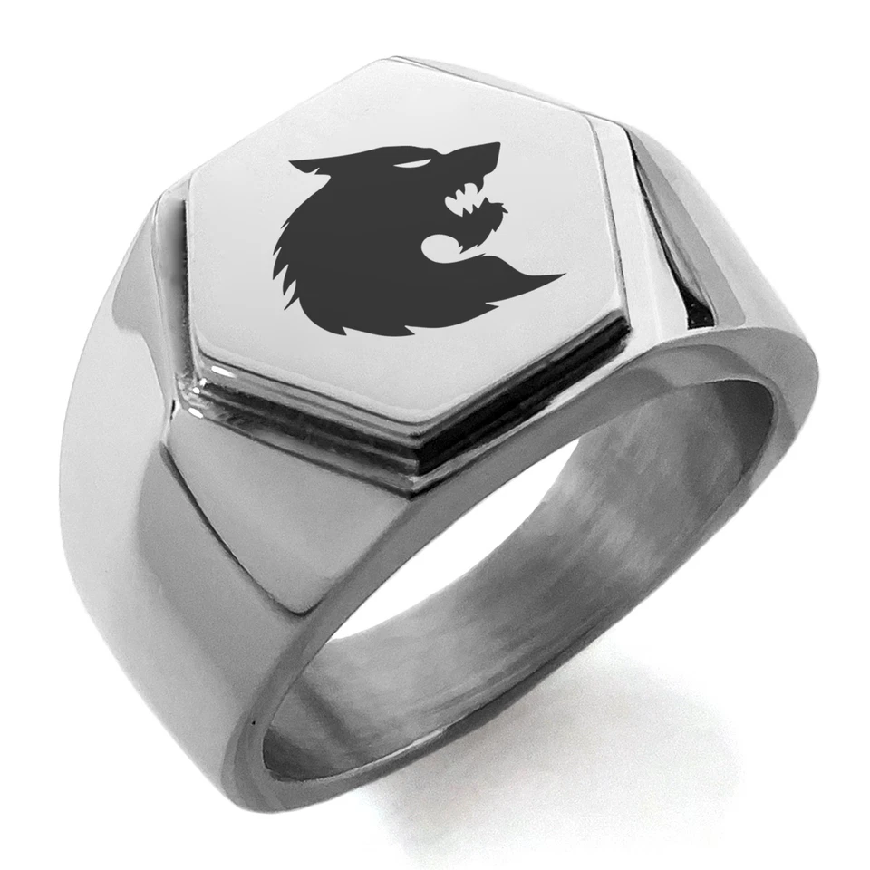 Stainless Steel Wolf Animal Design Mens Hexagon Crest Signet Ring - Image 1 of 1