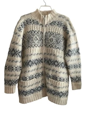 Vintage Hand Knit Wool Mohair Cardigan Sweater Size Medium Fair Isle Snowflake - Image 1 of 4