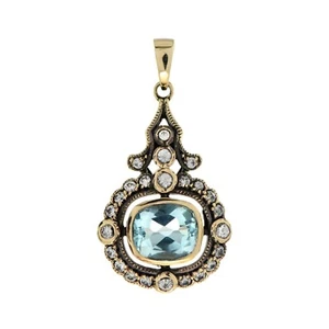 9k Yellow Gold Natural Blue Topaz and White Sapphire Art Deco Style Pendant - Picture 1 of 9
