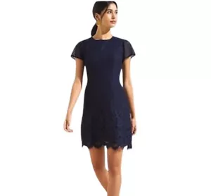 NEW Loft Navy Eyelet Lace Short Sleeve Sheath Dress Sz 4 Career Party - Picture 1 of 9