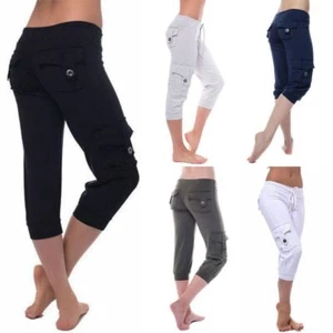 Plus Size Women Capri 3/4 Crop Trousers Ladies Jogging Yoga Bottoms Cargo Pants - Picture 1 of 17