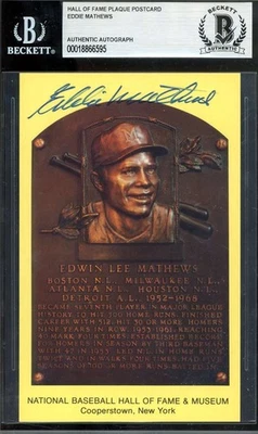 Eddie Mathews Beckett BAS Signed Gold Hall of Fame Plaque Postcard Autograph - Image 1 of 2