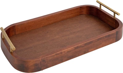 Lipton Mid-Century Rectangle Wood Tray, 10" X 18, Walnut Brown and Gold, Decorat - Image 1 of 4