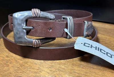 全新带标签 Chicos Western 棕色皮革腰带 尺寸 L/42 1 英寸 宽 2 色 H’ware  — 第 1/4 张图片