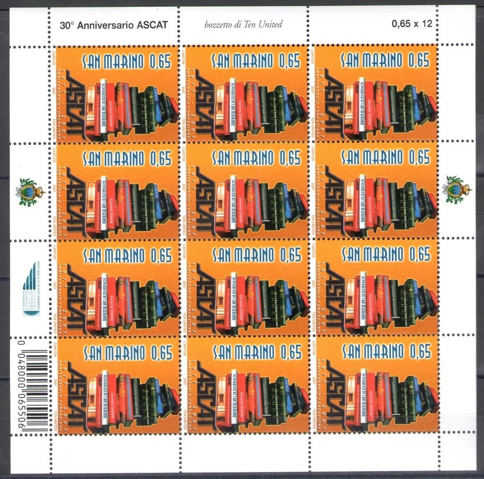 San Marino 2007, Ascat, no. 2150 - Mini hoja de código de barras de 10 valores, MNH** - rara Foto 1 de 1