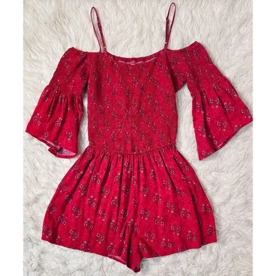 Hollister Romper Small Red Floral Flutter Sleeve Shorts Boho Beach  - Image 1 of 3