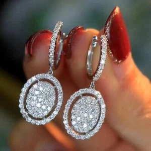 Lab Created Diamond Oval Charms Female Dangle Earrings 14K White Gold Over - Picture 1 of 5